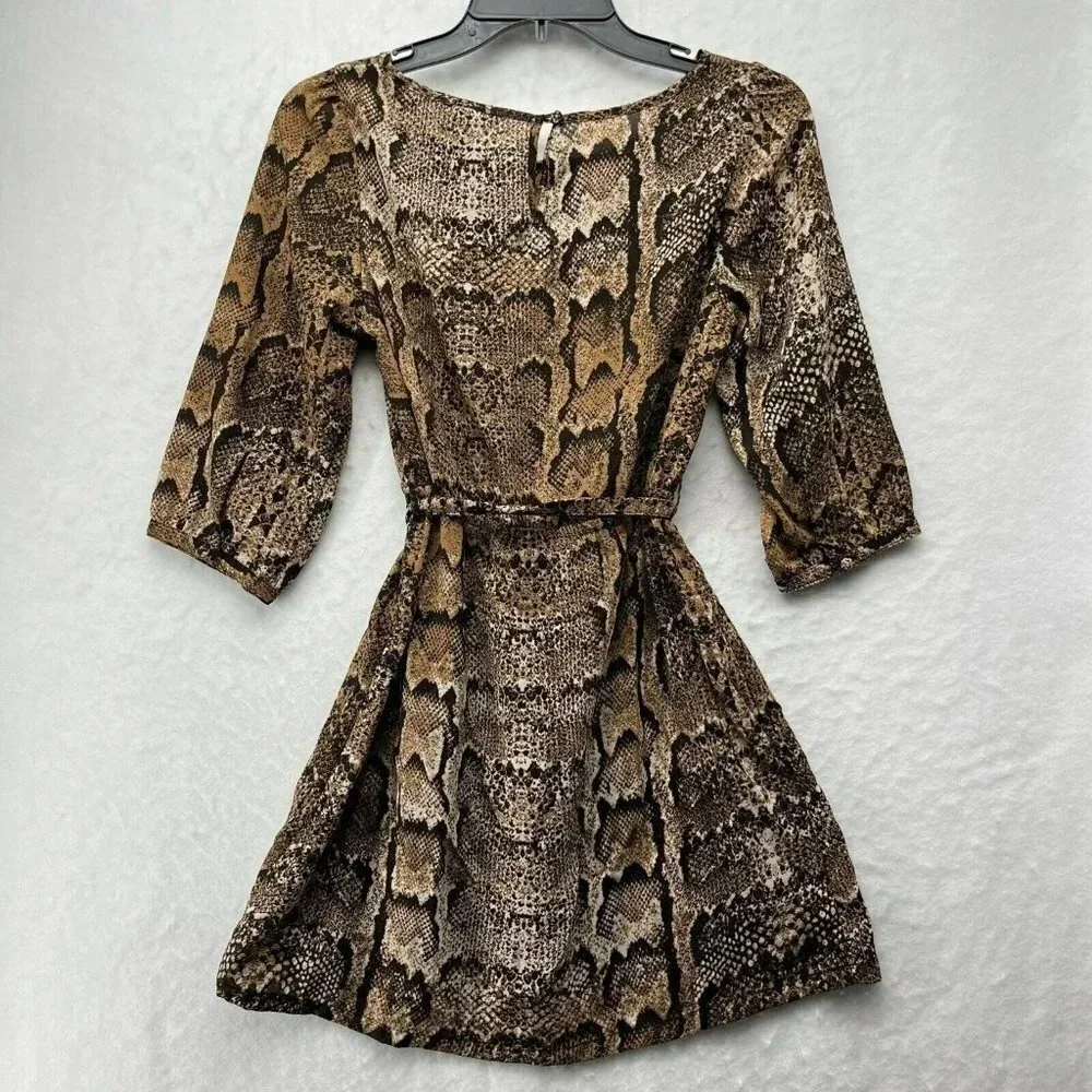 H&M Mini Dress Women's Sz 4 Brown Snake Print 3/4 Sleeve Scoop Neck Tie Waist - Picture 2 of 11